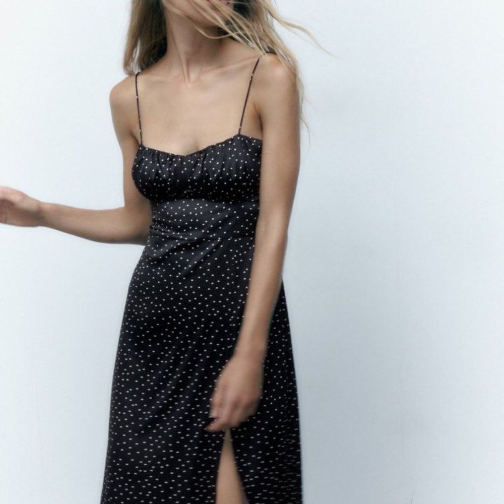 Zara Black Polka Dot Midi Corset Dress with a Slit